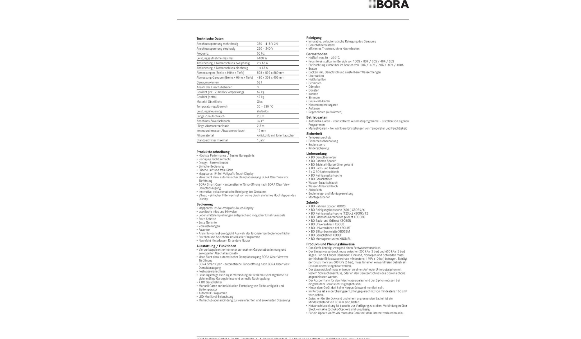 BORA XBO Produktdatenblatt