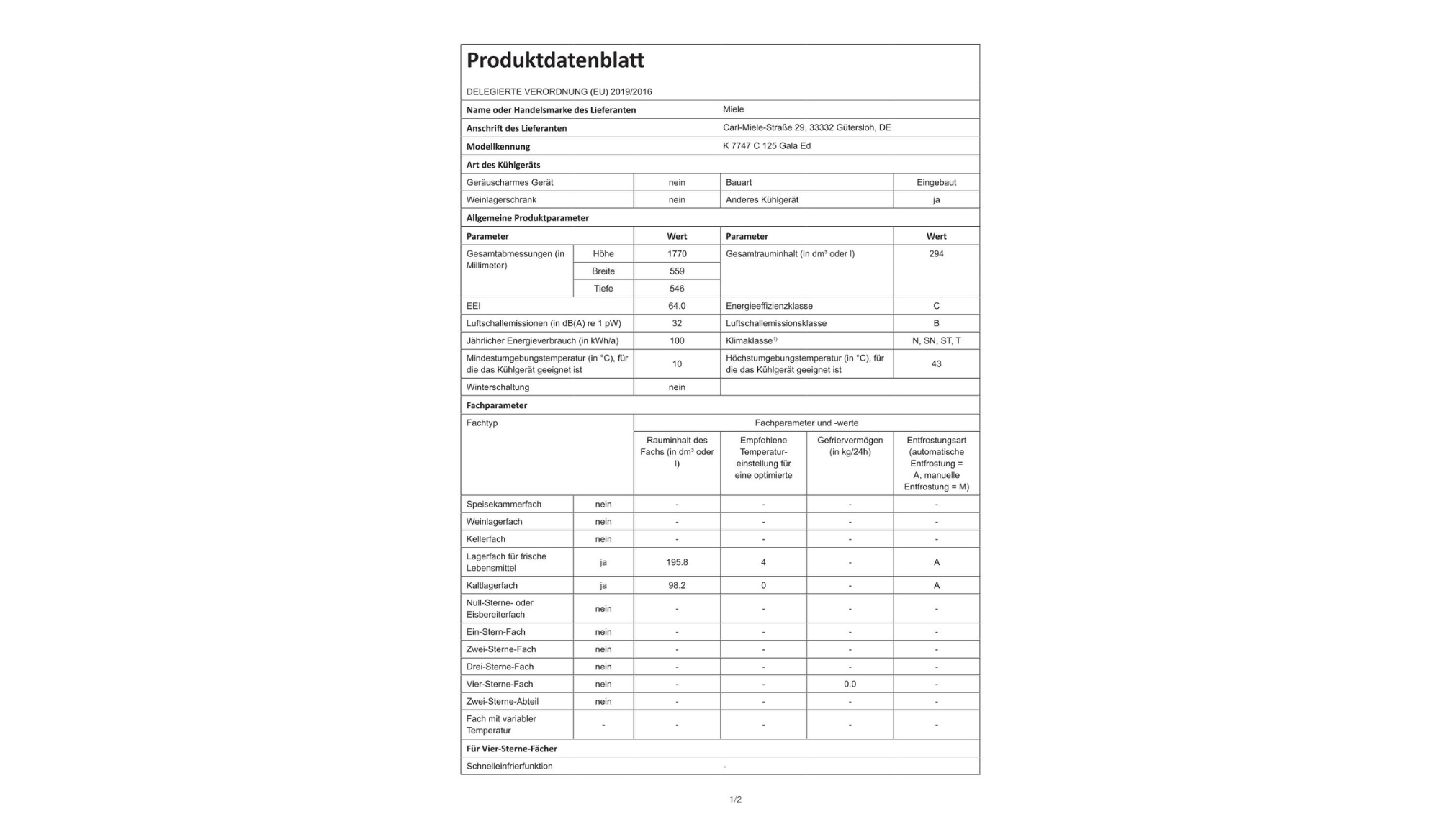 Miele K 7747 Kühlgerät Produktdatenblatt