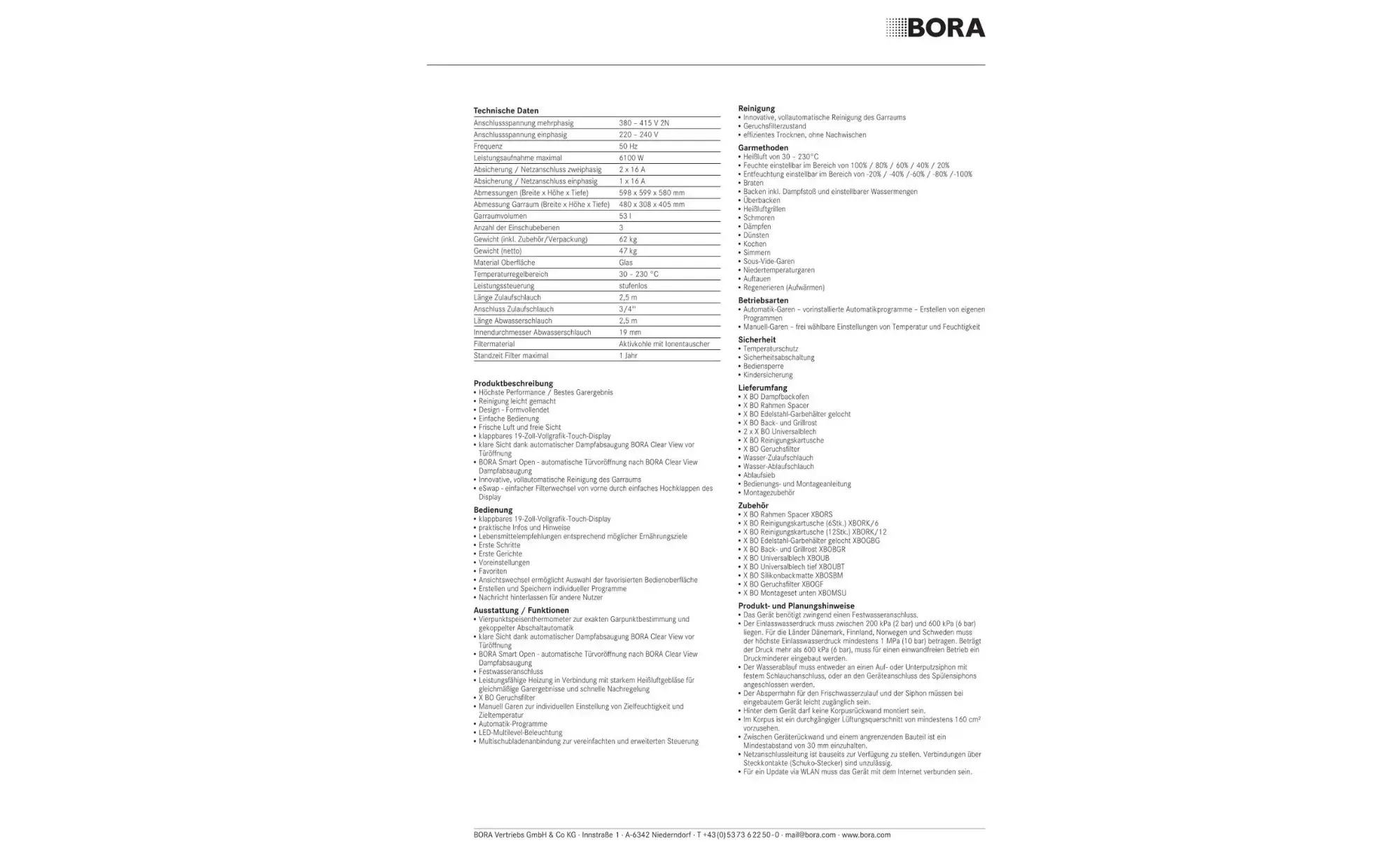 BORA XBO Produktdatenblatt