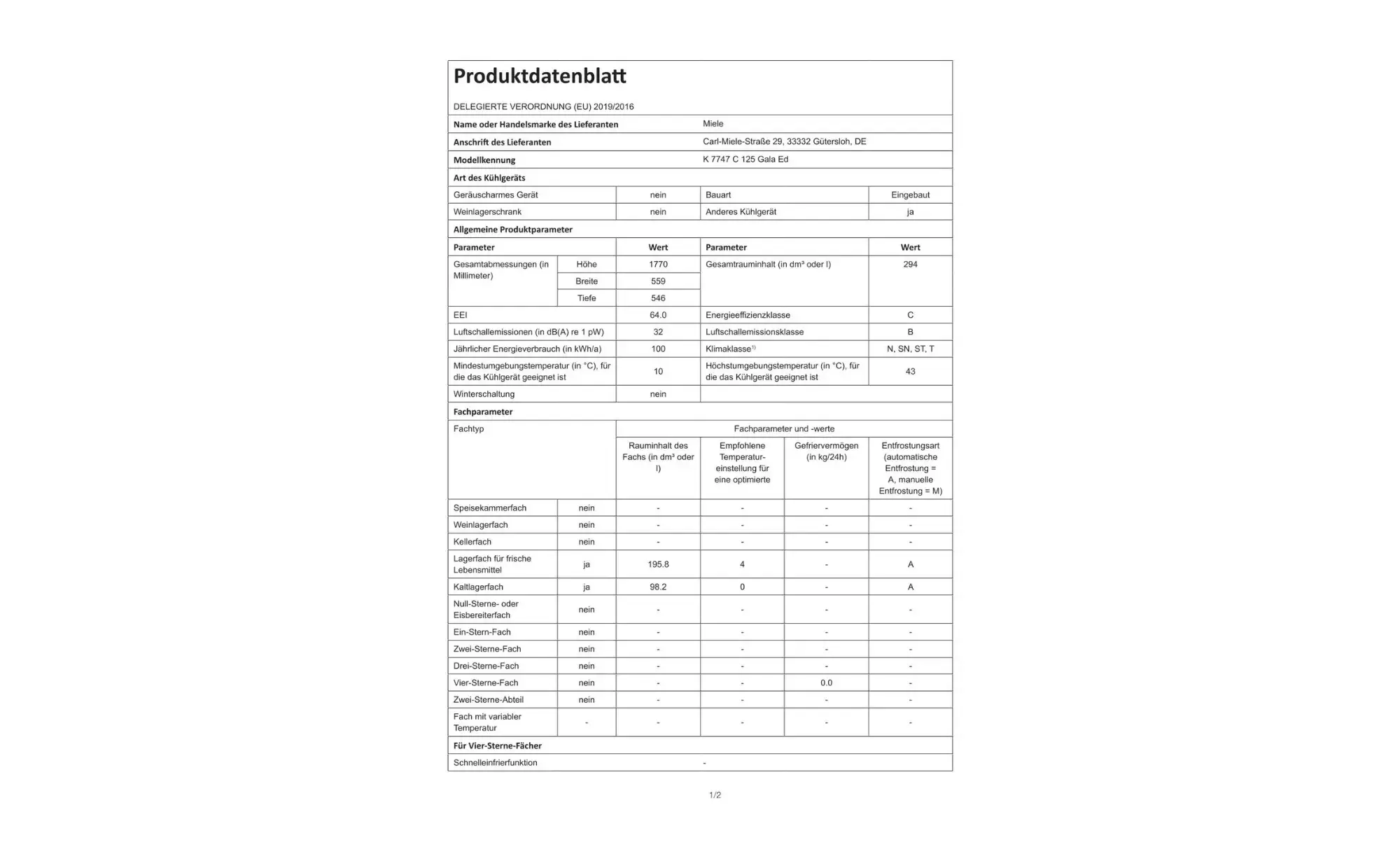 Miele K 7747 Kühlgerät Produktdatenblatt